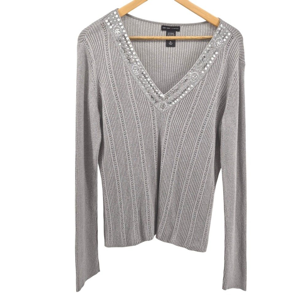 NEW YORK COMPANY Gray‎ Sequined Beaded Sweater Knit Top Sz XL Sparkle Holiday